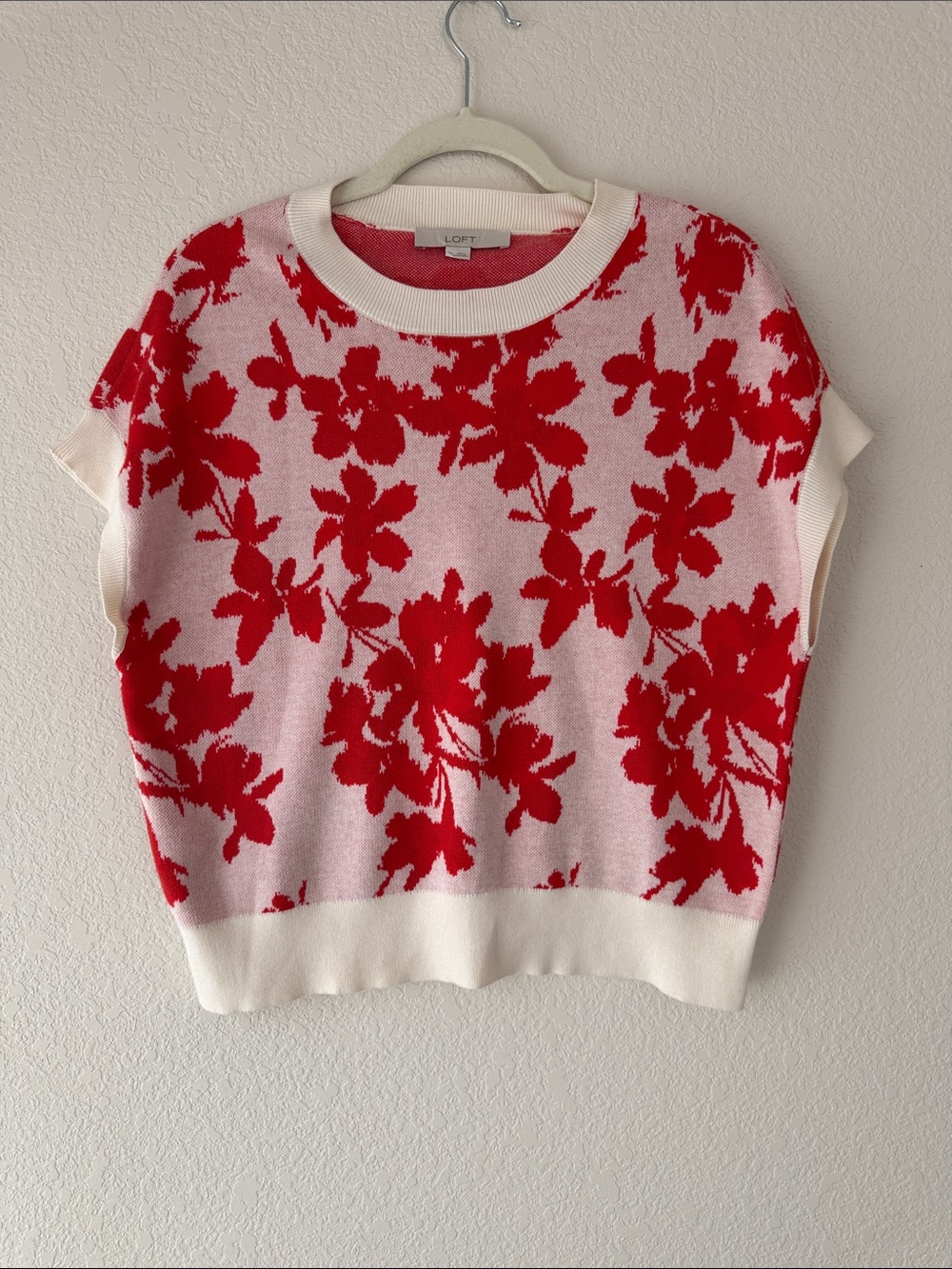 LOFT Pink Sweater with Red Floral Jacquard